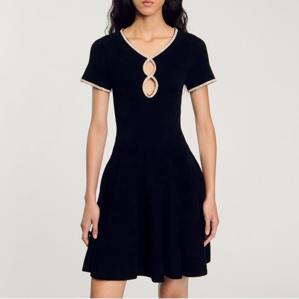 Sandro Elegant Black Mini Dress with Cream Details